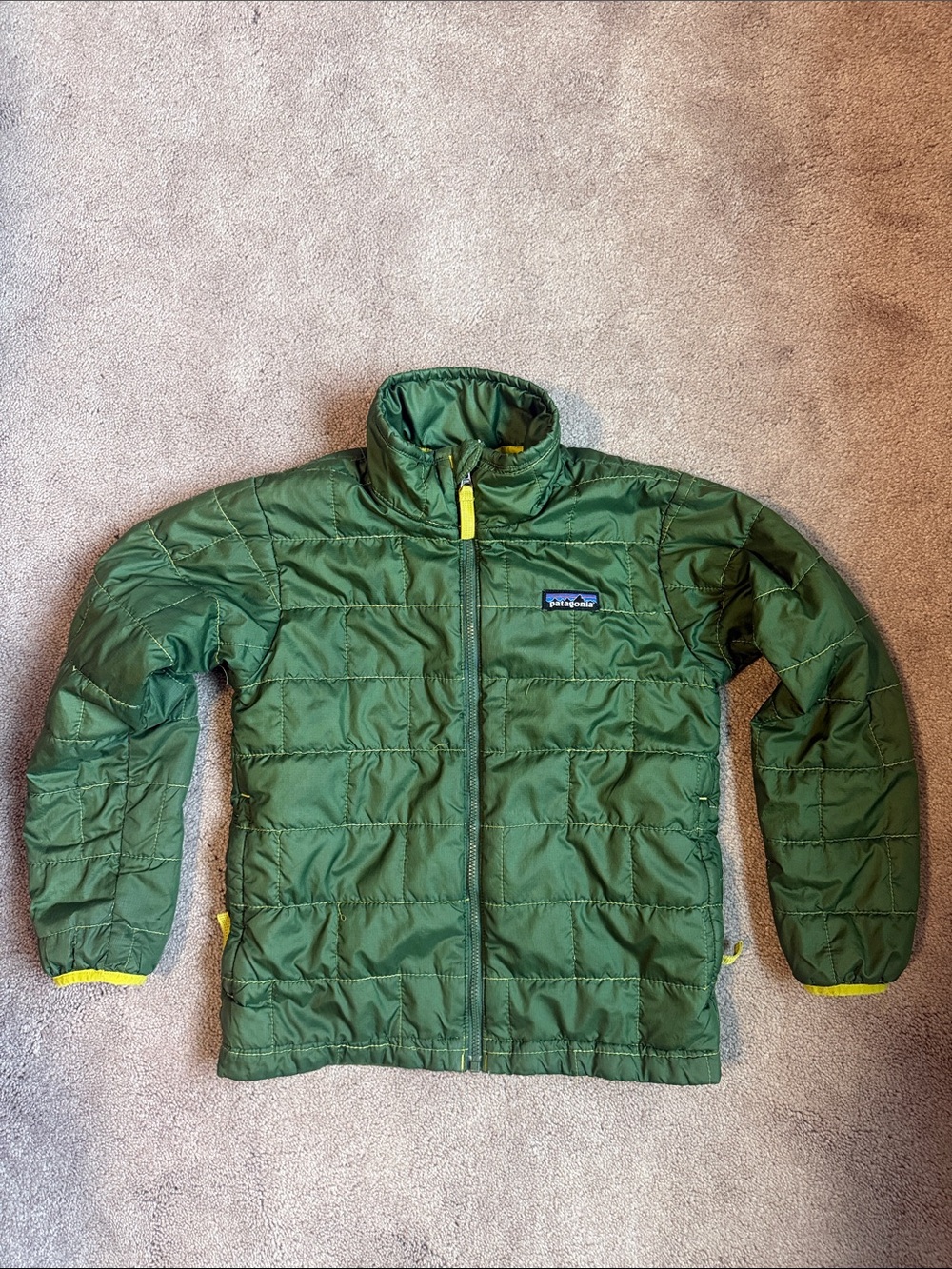 Patagonia Olive Green Kids Puffer Jacket with Yellow Accents